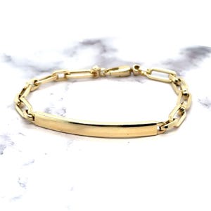 14K Yellow Gold ID Bracelet, Engravable ID Bracelet, Paperclip Chain Bracelet, Personalized Jewelry, Name Bar Bracelet, Custom Bracelet