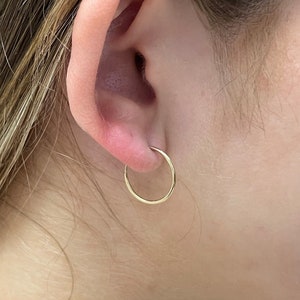 14K Yellow Gold 15mm Thin Endless Hoop Earring, 1.5mm Wide ,Real Gold Hoop Earrings Gift for her