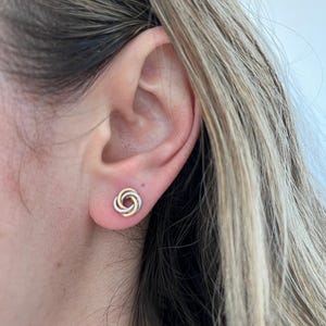 14K Two-Tone Gold Textured Multi Row Love Knot Studs (9mm), Yellow & White Real Gold Earrings, Women image 9