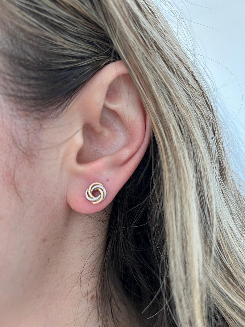 14K Two-Tone Gold Textured Multi Row Love Knot Studs (9mm), Yellow & White Real Gold Earrings, Women image 9