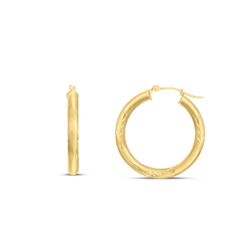 14K Yellow Gold Diamond Cut Textured Design Hoop Earring, full view