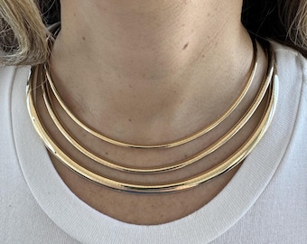 Solid 14K Yellow Gold Classic Omega Chain Necklace, Widths: 3mm 4mm 6mm ,Multiple Lengths