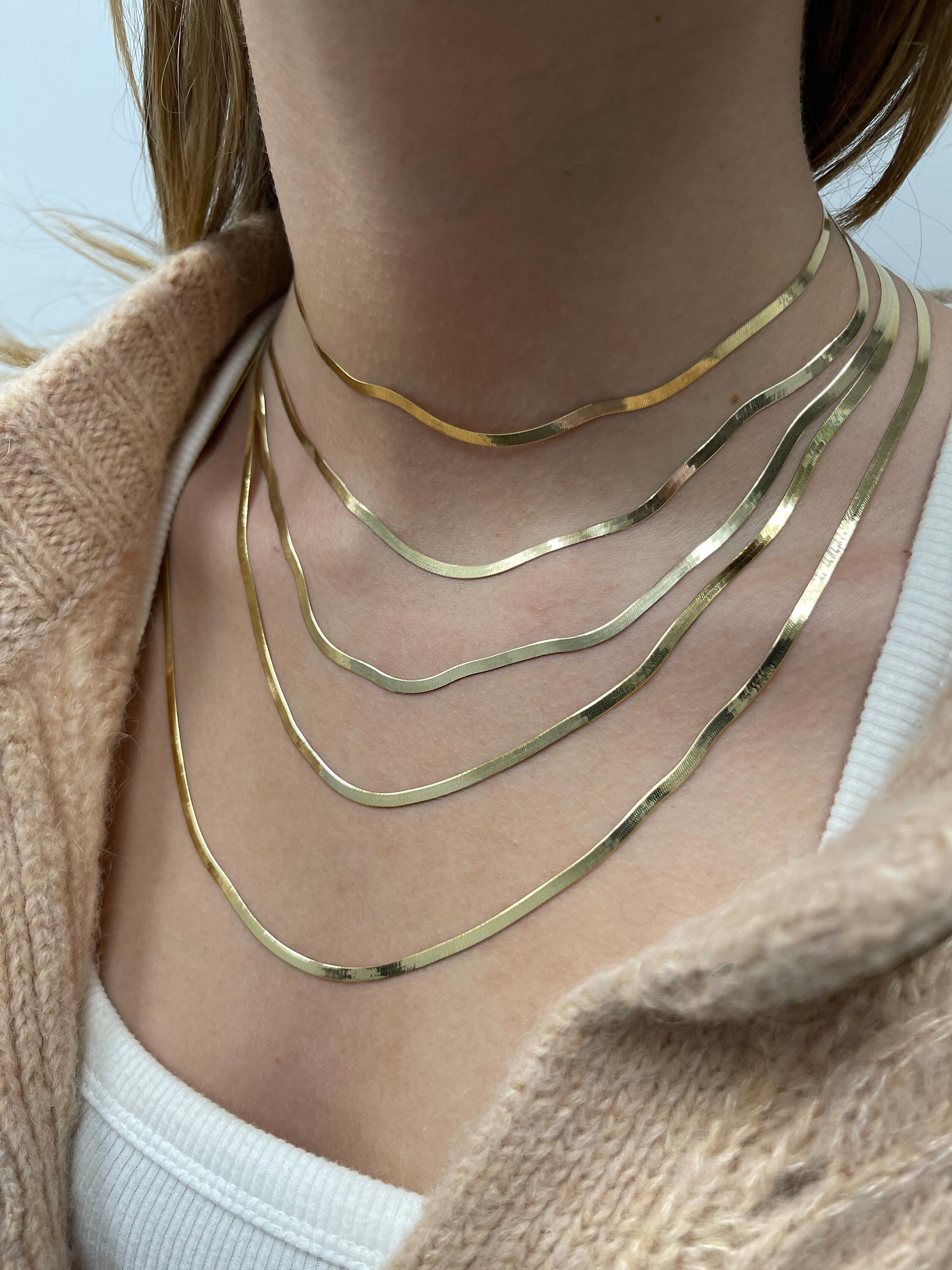 Herringbone Chain Necklace In 14K Solid Real Yellow Gold, 16 Length, 4 MM Width Herringbone Chain Necklace In 14K Solid Real Yellow Gold, 16 Length, 4 MM Width