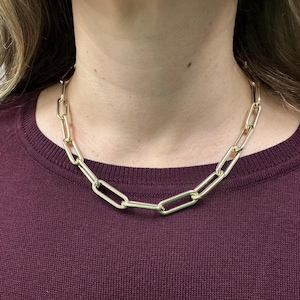 14K Yellow Gold 18&quot; Fancy Lite Round Wire Paperclip Chain, 8.5mm Wide with Invisible Link Clasp, Chunky Necklace, Real Gold Chain, Women