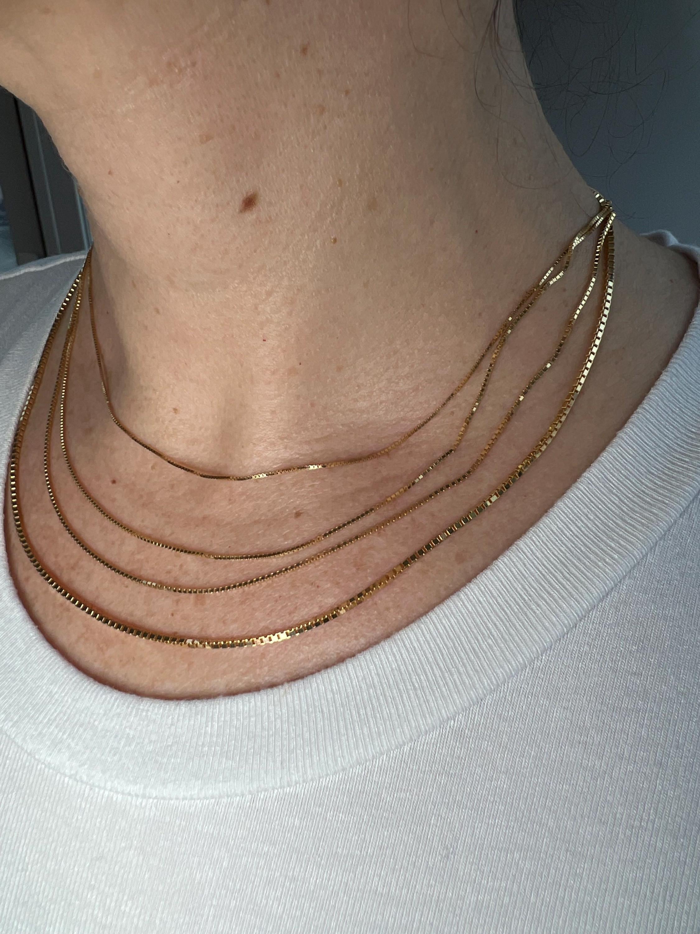 18K Yellow Gold Box Chain Necklace, Solid Dainty Style (16-24