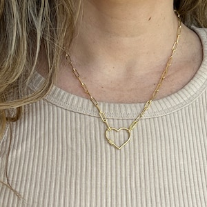 14K Yellow Gold Heart Carabiner Necklace, 18&quot; Paperclip Heart Necklace, Real Gold Necklace, Womens Chain Necklace,Bridal Jewelry,Engagement