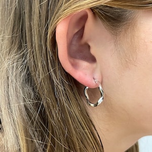 14K White Gold 15mm Twist Hoop Earrings with Hinged Closure, 2mm Thick, Twisted Earrings, Real Gold Hoops, Yellow Gold, Women Gold Earrings