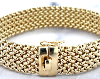 14K Yellow Gold Thick 7" Mesh Woven Bracelet, 14.5mm Wide, Braided Bracelet, Fancy Bracelet, Real Gold Bracelet, Women