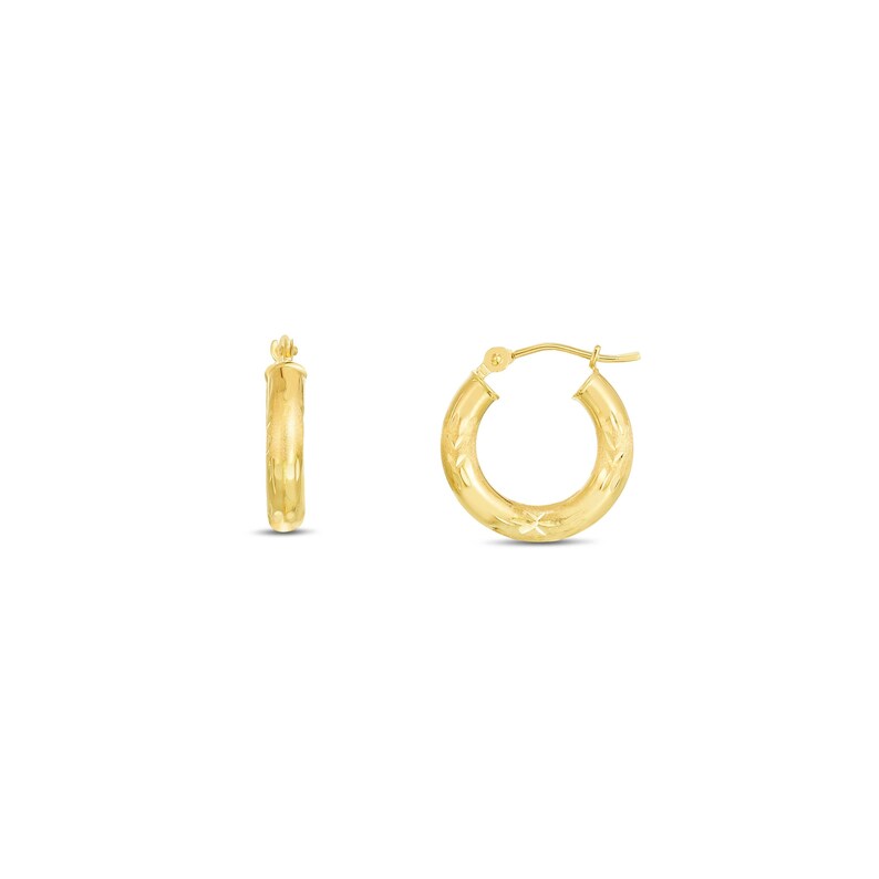 14K Yellow Gold Diamond Cut Textured Design Hoop Earring, full view