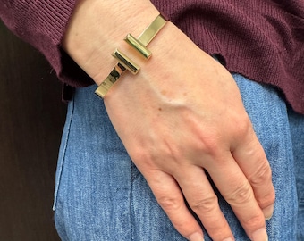 14K Yellow Gold Polished 6mm Bar Cuff Bangle, Real Gold Bracelet, Trendy Bangle, Women