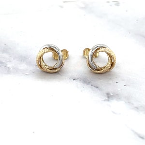 14K Two Tone Gold 10mm Open Center Textured Love Knot Stud Earrings,  Yellow & White Gold Studs, Diamond Cut Studs,Real Gold Earrings, Women