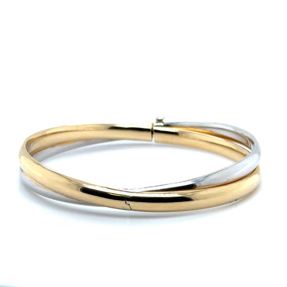 14K Two Tone Gold Double Row crossover Bangle, Fancy Hinged Yellow and White Bangle, 7 inch