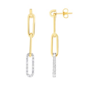 May include: A pair of gold-tone link drop earrings. Each earring features a long, rectangular link with a smaller, diamond-studded link at the bottom. The earrings are displayed against a white background.