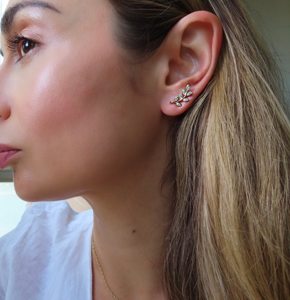 Vine Leaf Diamond Ear Crawler Earrings in 14K White Gold Floral Bridal Ear Climbers Olive Leaf Jewelry for Weddings Etsy