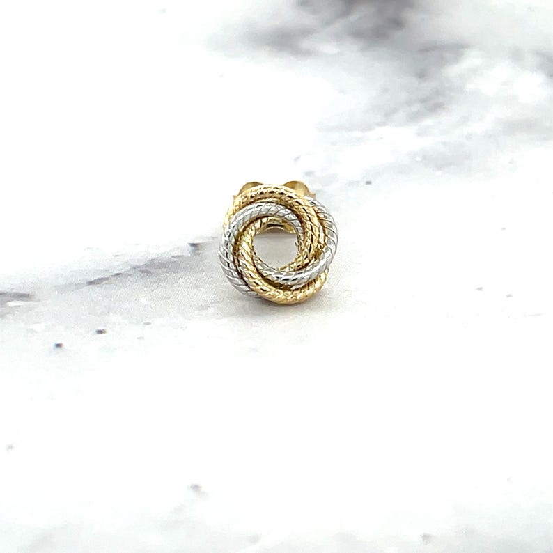 14K Two-Tone Gold Textured Multi Row Love Knot Studs (9mm), Yellow & White Real Gold Earrings, Women image 4