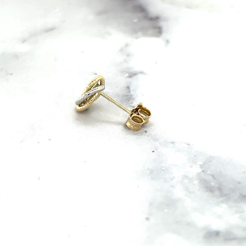 14K Two-Tone Gold Textured Multi Row Love Knot Studs (9mm), Yellow & White Real Gold Earrings, Women image 8