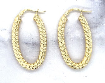 Twisted Oval Hoop Earrings: Elegant 14K Yellow Gold Finish - Hollow, Lightweight, Secure Closure for Daily Wear