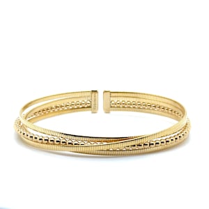 14K Yellow Gold Layered Cuff Bangle | Triple Omega Row & Beaded Row Design | Slip-On Fancy Gold Bangle for Women | Made in Italy