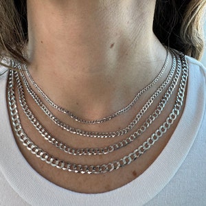 Solid 14K White Gold 2.6mm 3.6mm 4.7mm 5.7mm Comfort Curb Necklace, 16&quot; 18&quot; 20&quot; 22&quot; 24&quot; 26&quot; 30&quot; Real Gold Chain, Curb Chain, Women, Unisex