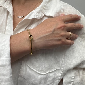 14K Yellow Gold Lite Puffed Love Knot Bangle, 7" Long Real Gold Jewelry for Women, Elegant Charm & Style, Unisex