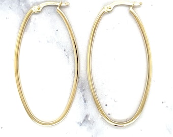 14K Gold Oval Hoop Earrings ~ Real Gold Hoops, Large Thin Hoop Earrings, Boho Jewelry, White Gold Jewelry Gift, Yellow Gold Earrings