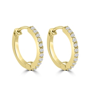 Diamond Hoop Huggies In 14K Yellow Gold, Small Hoop Earrings, Fine Jewelry, Gift For Her, Huggies Hoop Earrings, Wedding Jewelry, Wife Gift