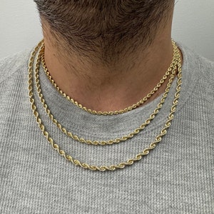 Massief 14 kt geelgoud 3 mm 3,7 mm 4,3 mm Franse touwketting, 18&quot; 20&quot; 22&quot; 24&quot;, zijden touwketting, echte gouden ketting, heren, unisex