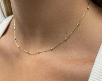 14K Two Tone Necklace, Yellow And White Gold Necklace, Gold Chain With Beads, 14K Gold Jewelry, Anniversary Gift For Her,Dainty Bridal Chain