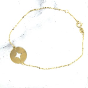 14K Yellow Gold 7&quot; Adjustable North Star Disc Bracelet, Real Gold, Charm Bracelet, Fashion Bracelet, Women