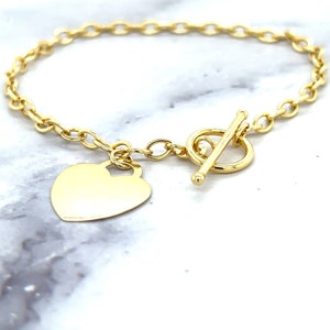14K Yellow Gold Bracelet, Personalized Gold Charm Bracelet, Engravable Heart Tag Bracelet, Custom Name Bracelet, Toggle Bracelet, Womens