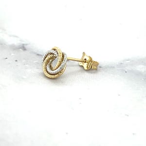 14K Two-Tone Gold Textured Multi Row Love Knot Studs (9mm), Yellow & White Real Gold Earrings, Women image 5