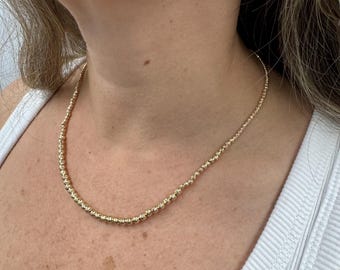 14K Gold 18" Yellow Gold Textured Graduated Bead Necklace, Beaded Gold Chain, Women (2-4mm)