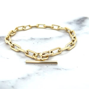14K Yellow Gold 5mm Paperclip Link Bracelet with Toggle Clasp, 7.5&quot; Real Gold Bracelet, Trendy Bracelet, Chunky Paperclip Bracelet, Women