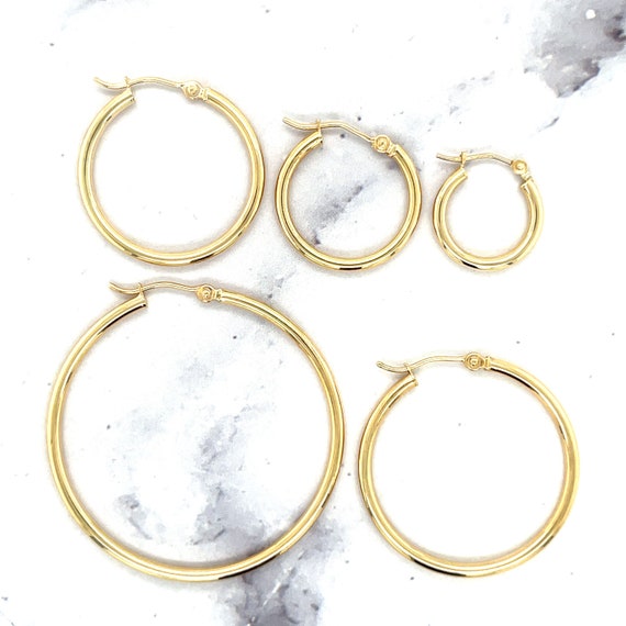 Orecchini A Cerchio Donna Oro 14k Con Diamante - Cerchi Huggie Lucidi 15mm E 25mm - Gioielli Regalo