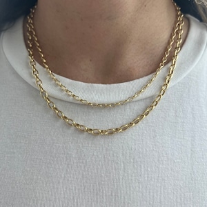 14K Yellow Gold 3.2mm 4.6mm Lite Oval Rolo Necklace, 18&quot; Real Gold Chain, Thick Rolo Chain, Women