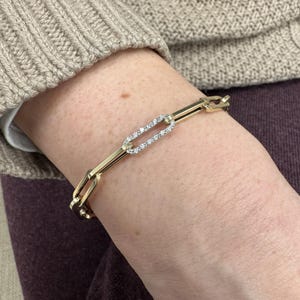 14K Yellow Gold Paperclip Diamond Link Bracelet, 7.5&quot; With One Link 0.30ct, Diamond Paperclip Bracelet, Real Gold Bracelet, Women