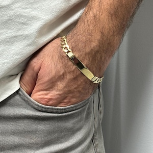 Solid 14K Gold ID Bracelet Men ~ Personalized Jewelry, Engravable Name Bar Bracelet, Curb Chain Bracelet, Wedding Gift Bracelet, Real Gold