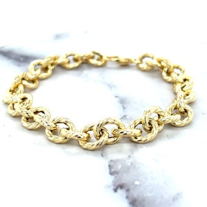 14K Yellow Gold Bracelet, Textured Round Rope Link, Chunky Trendy Jewelry for Women, Real Gold, 8&quot; Length, 8.7mm Width