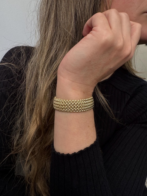 14K Yellow Gold Thick 7" Mesh Woven Bracelet, 14.5mm Wide, Braided Bracelet, Fancy Bracelet, Real Gold Bracelet, Women
