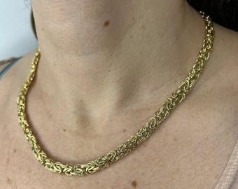 14K Yellow Gold Chunky Byzantine Necklace 6mm 7.2mm 9mm Thick, Real Gold Victorian Chain