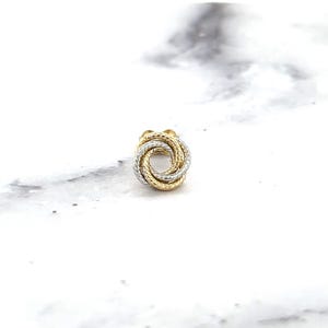 14K Two-Tone Gold Textured Multi Row Love Knot Studs (9mm), Yellow & White Real Gold Earrings, Women image 7