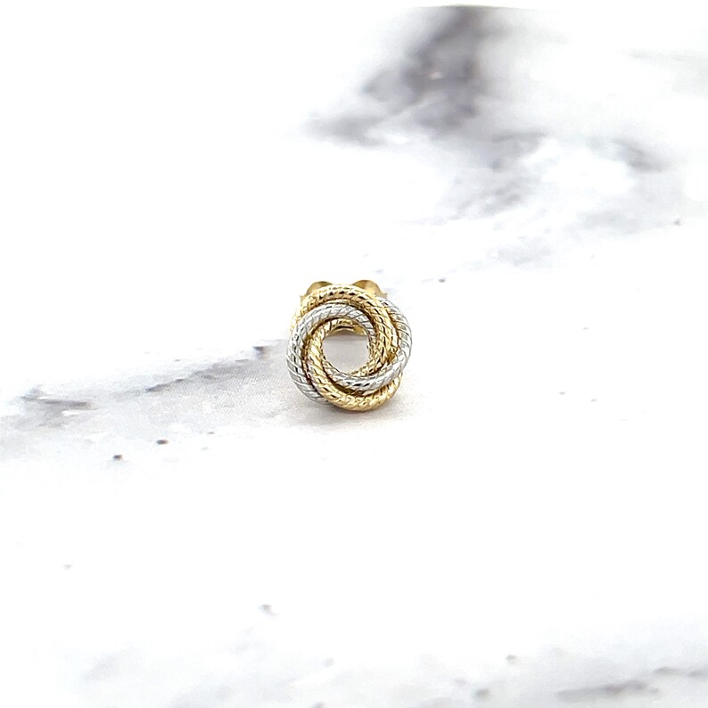 14K Two-Tone Gold Textured Multi Row Love Knot Studs (9mm), Yellow & White Real Gold Earrings, Women image 7