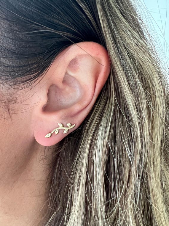 14K Yellow Gold Leaf Ear Climber Earrings Ear Crawler Real Gold Earrings Women Etsy Ireland