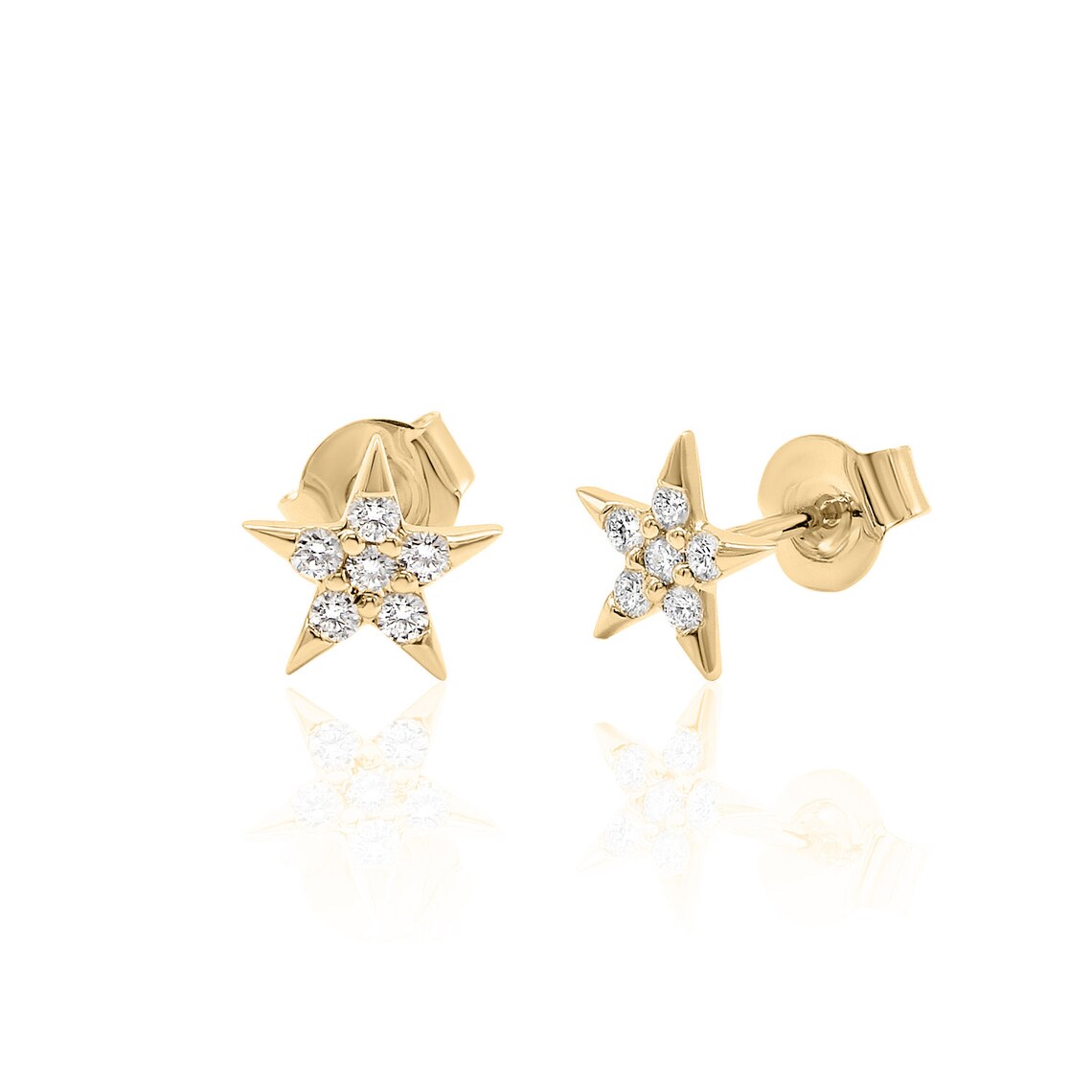 Diamond Star Earrings in 14K Yellow Gold diamond Star Studs Etsy UK