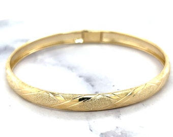 10K Yellow Gold 7" or 8" Textured Bangle Bracelet, 6mm wide, Real Gold Bangle, Stackable Bangle, Women