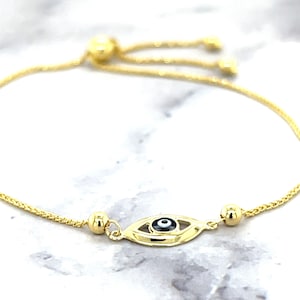 14K Yellow Gold 9.25&quot; Evil Eye Friendship Wheat Chain Bracelet, Bolo Bracelet, Real Gold Bracelet, Women