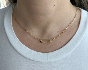 14K Yellow Push-lock Paperclip Necklace, 18", Fancy Paperclip Chain, Push Lock Chain, Real Gold Necklace, Women