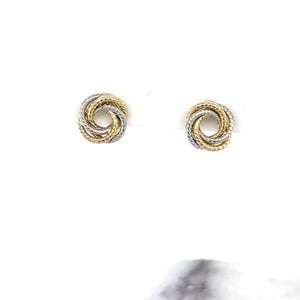 14K Two-Tone Gold Textured Multi Row Love Knot Studs (9mm), Yellow & White Real Gold Earrings, Women image 3