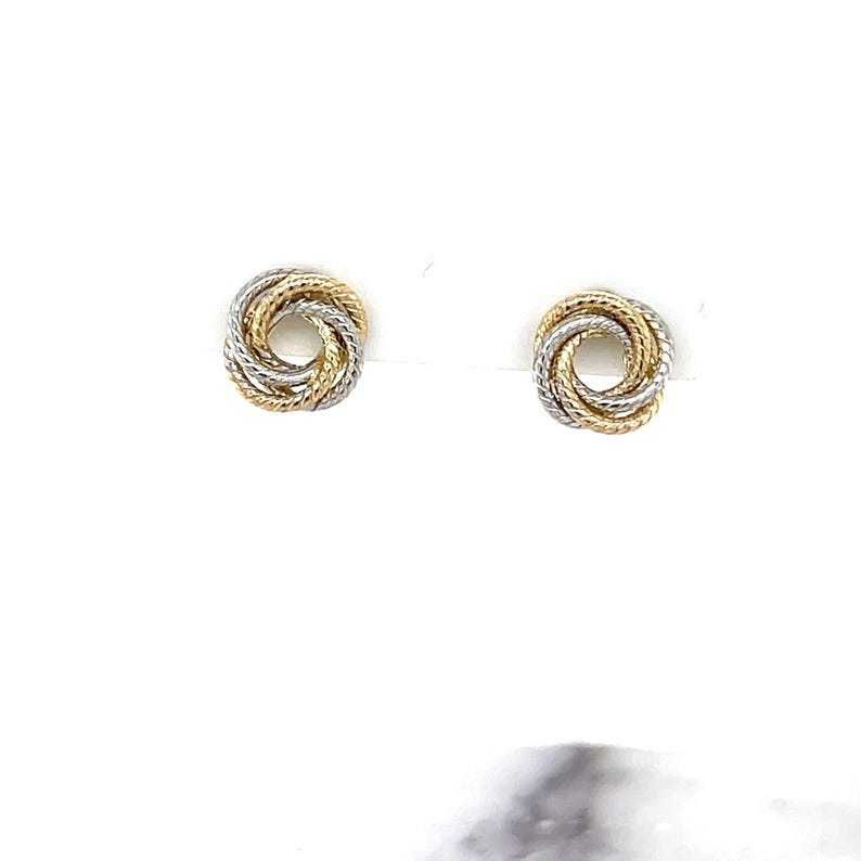 14K Two-Tone Gold Textured Multi Row Love Knot Studs (9mm), Yellow & White Real Gold Earrings, Women image 3