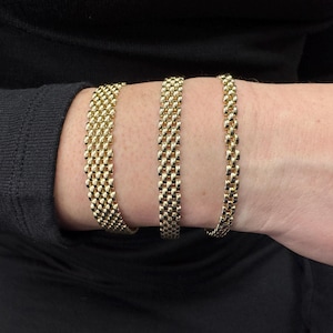 14K Yellow Gold 7" Panther Bracelet, 4mm 6.5mm 9mm Wide, 3-5-7 Link Rows, Real Gold Bracelet, Women